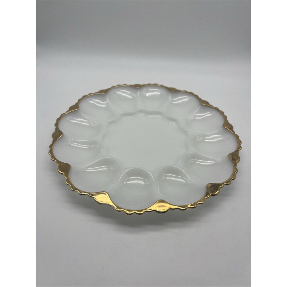 Vintage Anchor Hocking Milk Glass with gold edging Deviled egg plate, 10 inch